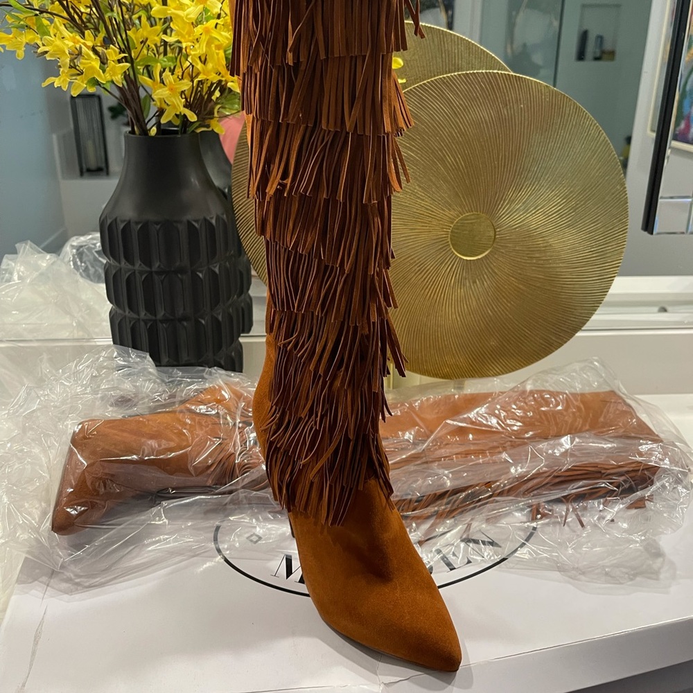 Camel Color Fringe Over The Knee Boots